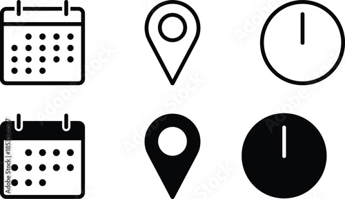Calendar location and power icons set, schedule date markers, map pin and on off symbols, cad drawing flat vector illustration