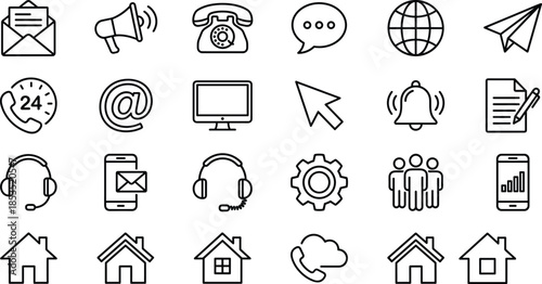 Communication and contact icons set, customer support symbols, digital messaging elements, business interface collection, cad drawing flat vector illustration