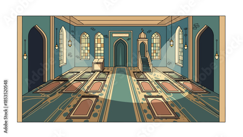 Detailed illustration of a mosque interior with prayer rugs and sunlight streaming through arched windows.