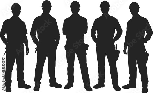 Construction worker silhouette set, industrial builders wearing helmets, teamwork labor force concept, engineering crew, safety industry, cad drawing flat vector illustration