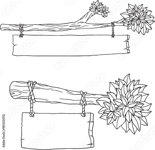 Hand drawn wooden sign mega set. Vector sketch of blank wood boards, hanging signs with rope, leafy branches, arrows, heart, and circle shapes. Rustic timber placards for garden and eco decor.