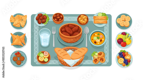 An overhead view of a traditional Iftar meal spread with various dishes including dates, bread, samosas, falafel, soup, and fresh fruits.