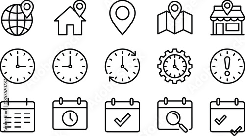 Location time calendar icon set, CAD drawing flat vector illustration, minimal outline symbols for maps clocks schedules UI design apps