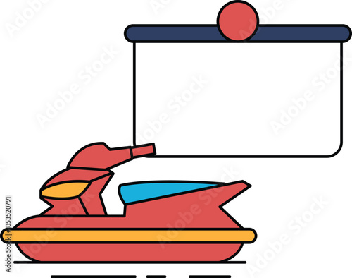 A black and white drawing of a snowmobile with a sign in the background