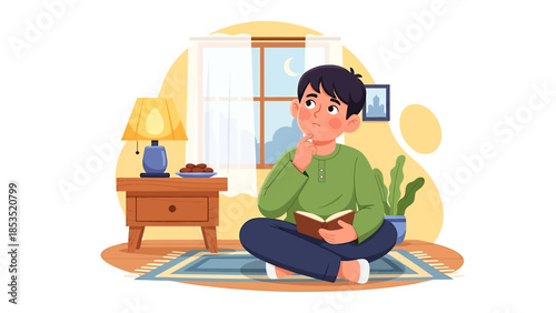 A thoughtful young boy sits cross-legged on a rug, reading a book in his cozy room at night, with a lamp and window visible.