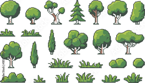 Pixel art forest nature asset set, trees bushes grass elements for game design, retro 8 bit environment collection, cad drawing flat vector illustration