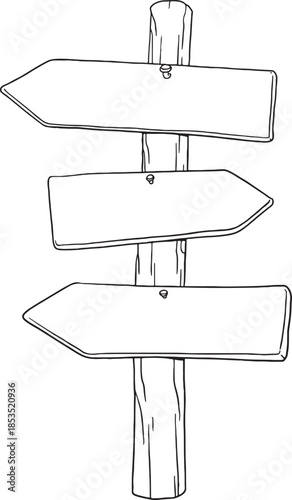 Hand drawn wooden directional signpost vector set. Blank arrow wood boards on a pole for navigation. Sketch illustration of rustic timber pointers for trail, garden or camp. Isolated on white.