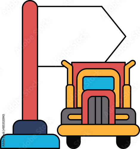 A truck is parked next to a pole with a sign on it