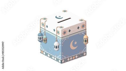 An isometric illustration of a decorated Islamic donation box with crescent moon, star, and hanging lanterns, for charity during Ramadan or Eid.