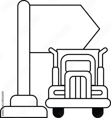 A truck is parked next to a pole with a sign on it