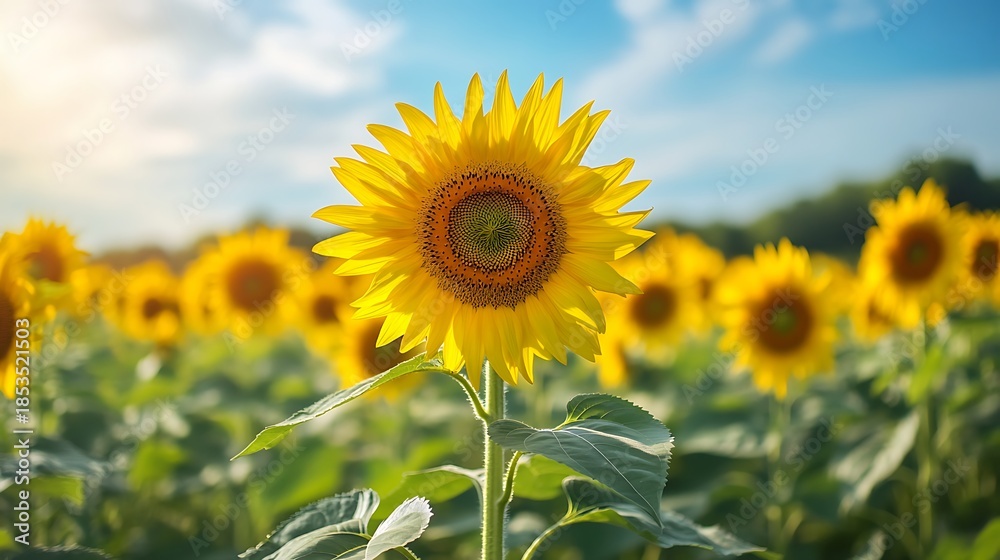 Fototapeta premium Vibrant sunflower field under blue sky sunlight nature landscape background