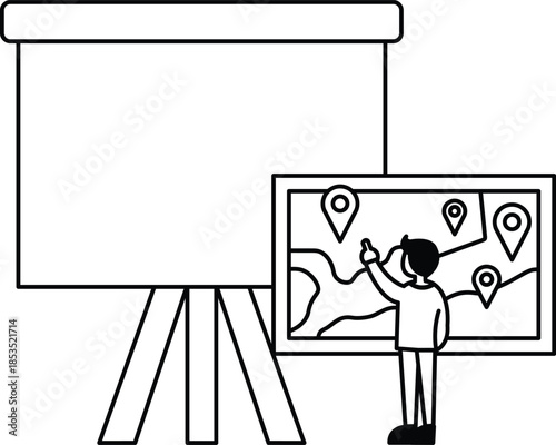 A man is pointing at a map on a wall