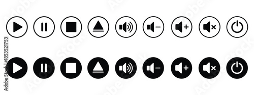 Media player control icon set vector. play, pause, stop, eject, full volume, volume down, no volume, shut down symbol. vector illustration.