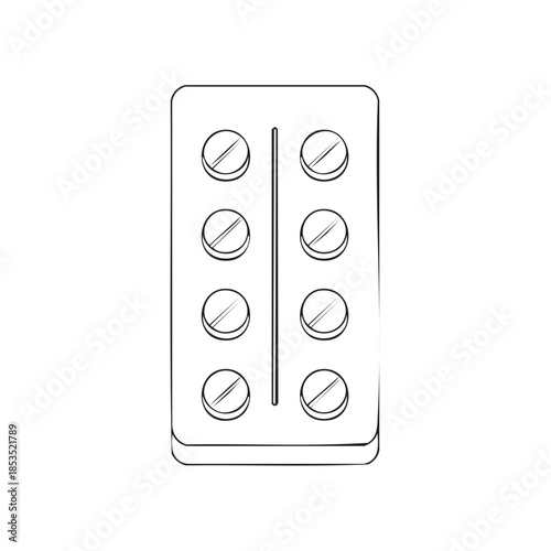 Outline drawing of blister pack with pills for medical or pharmaceutical themes