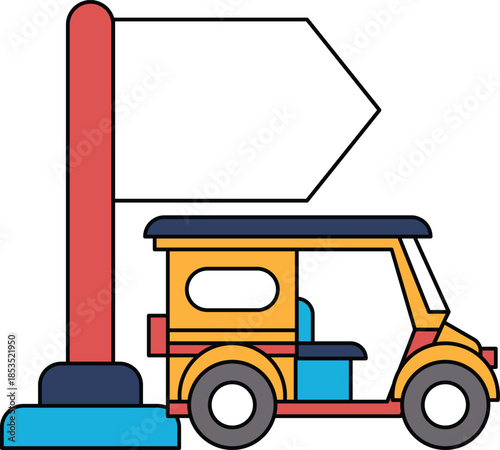 A black and white drawing of a tuk tuk with a sign above it