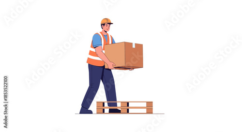 Construction worker carrying a cardboard box on a pallet.