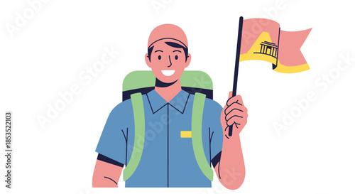 Man holding a flag on a hiking trip.