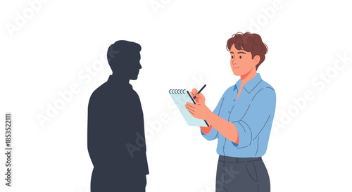 Man interviewing a shadow figure taking notes on a clipboard.