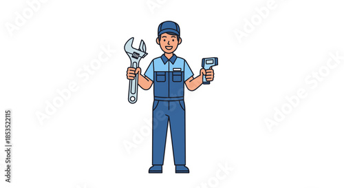 Mechanic holding wrench and scanner tool illustration.