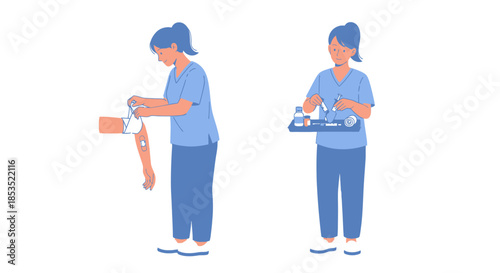 Nurse preparing medical supplies and holding tray.