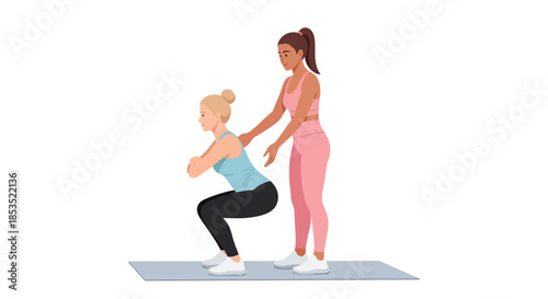 Personal Trainer Guiding Woman in Squat Exercise.