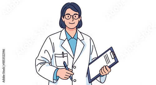 Professional female doctor holding clipboard and pen ready for examination.