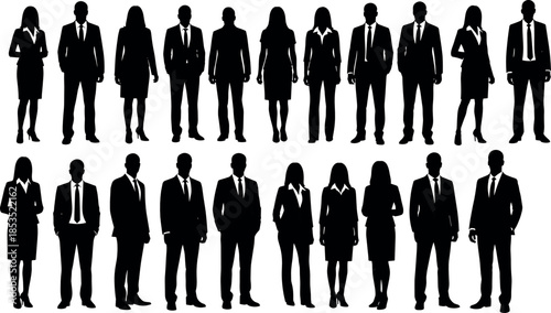 Business People Silhouette Vector Set Featuring Professional Men and Women Standing in Corporate Poses for Teamwork, Leadership and Office Concepts