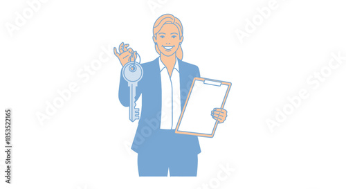 Professional Woman Holding Keys and Clipboard Ready for Real Estate Transaction.
