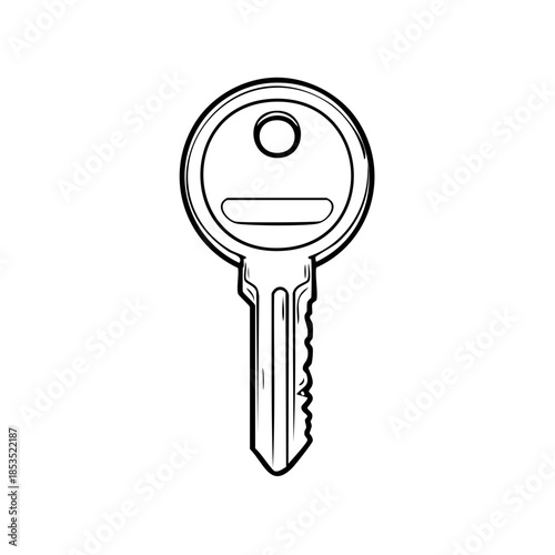 Isolated line art depiction of a metal door key, symbolizing access, security, safety, and protection in vintage style
