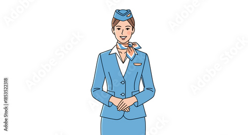 Smiling flight attendant in blue uniform standing confidently.