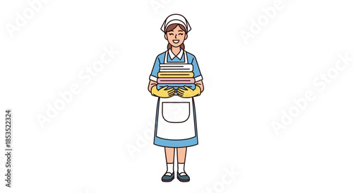 Smiling Maid or Housekeeper Holding Stack of Clean Folded Laundry.