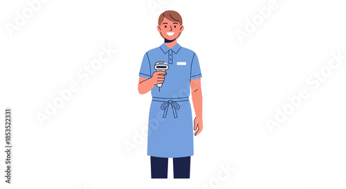 Smiling male bartender in blue uniform holding a glass of red wine.