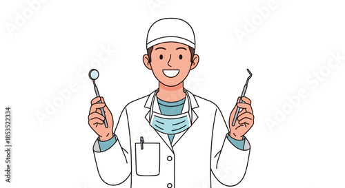 Smiling Male Dentist Holding Dental Tools Ready for Examination.