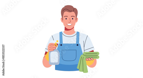 Smiling Male Cleaner Holding Spray Bottle and Cloth Ready to Work.