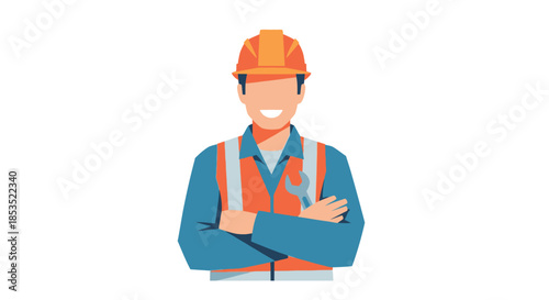 Smiling male construction worker in hard hat and safety vest.