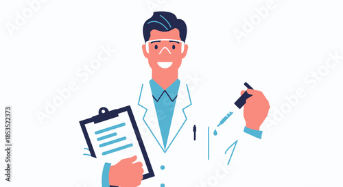Smiling Male Scientist or Doctor Holding Clipboard and Pen.