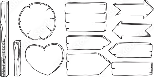 Hand drawn wooden sign elements set. Vector sketch of blank heart, round, and arrow wood boards. Rustic timber planks for wedding, garden, or cafe decor. DIY signboard collection isolated on white.