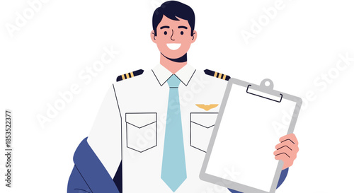 Smiling Male Pilot Holding Clipboard with Blank Paper.