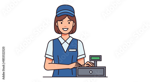 Smiling Woman Cashier Working at Checkout Counter.