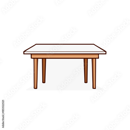 Square Table with White Top and Wooden Legs Simple Cartoon Illustration