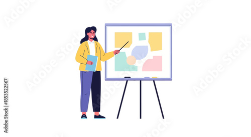 Woman presenting with a pointer at a whiteboard with colorful shapes.