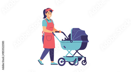 Woman pushing a baby stroller with a child inside.