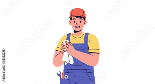 Young male mechanic in overalls and cap cleaning hands with cloth.