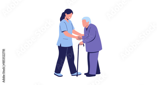 Caregiver assisting elderly woman with a cane, offering support and companionship.