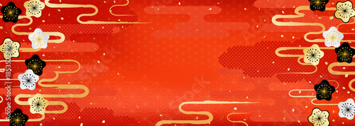 梅の花と日本の伝統模様を組み合わせた華やかな背景イラスト