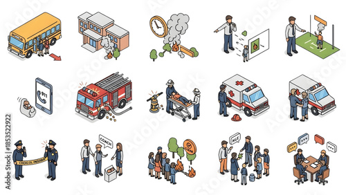 Isometric vector illustrations depicting various emergency services, public safety scenarios, and community interactions, showcasing essential urban support and social responsibility