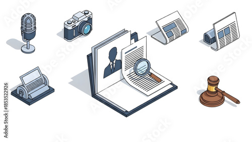 Collection of business and legal icons including microphone, camera, newspaper, and gavel