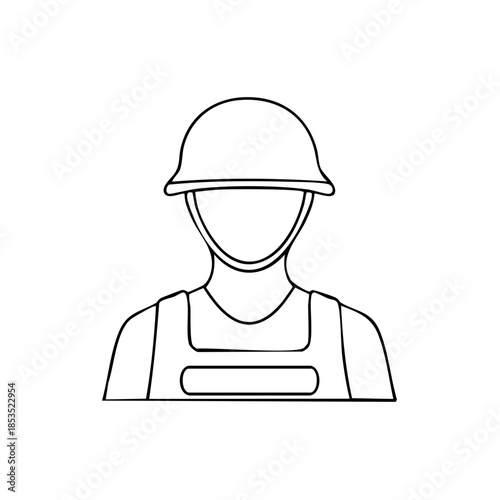 Outline Illustration of a Person Wearing Military Helmet and Vest, Hand Drawn Style, Minimalist Design