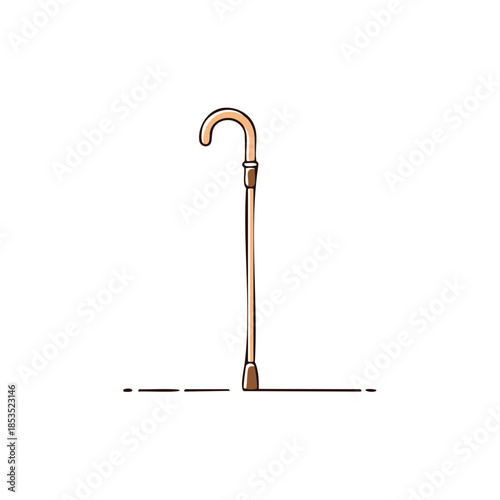Wooden walking stick illustration. Mobility aid for the elderly or disabled. Hand drawn cane isolated on white