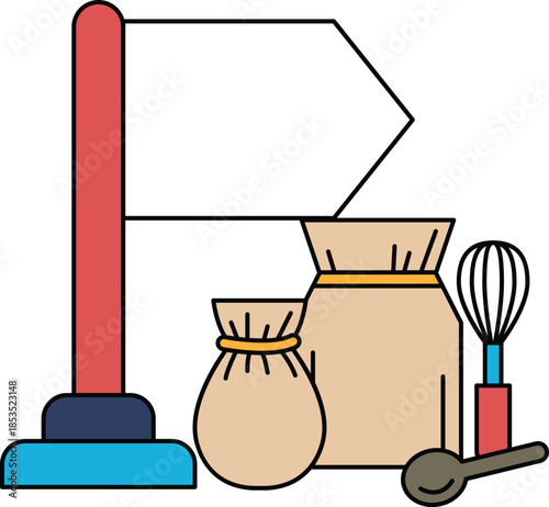 A flag is on a pole and a bag is next to it